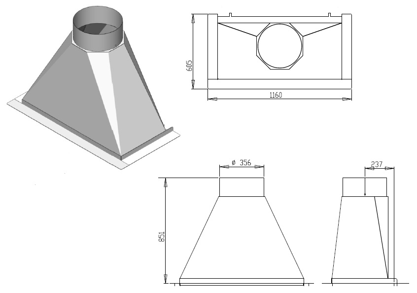 Stalen rookkap breedte inwendig 1000 mm + afsluitklep