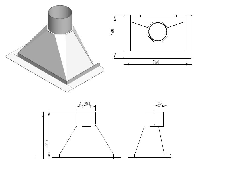 Stalen rookkap breed inwendig 600 mm + afsluitklep